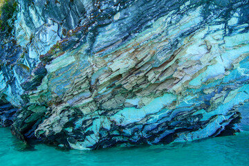 Detail of different colors of blue  and turquoise at the Marble caves or Cuevas de Marmol at turquoise General Cerrerra Lake. Location Puerto Sanchez, Chile