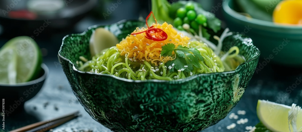 Sticker A dish consisting of noodles and vegetables in a green bowl placed on a table, showcasing a delightful blend of food, plant-based ingredients, and culinary expertise.