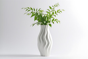white vase stand with green leaves inyle of li - obrazy, fototapety, plakaty