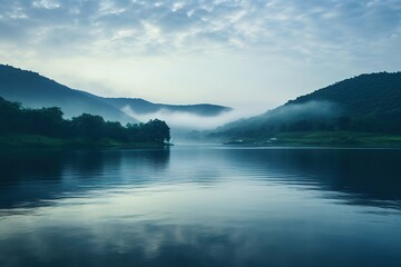 Naklejka premium Gray clouds in the middle of the lake beside of mountain
