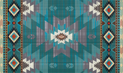 Navajo tribal vector Green seamless pattern. Native American ornament. Ethnic South Western decor style. Boho geometric ornament. Mexican blanket, rug. Woven carpet illustration	

