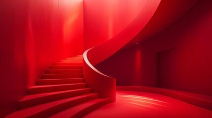 Sleek and modern red staircase curves elegantly in a luxury interior. Smooth lines and vivid color of a chic red staircase and interior space