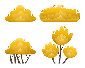 Flat vector illustration of bushes in cartoon style. Set of autumn bushes isolated on white background.
