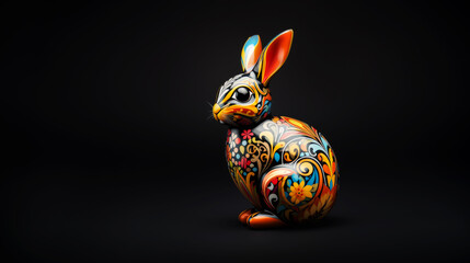 Colourful Easter bunny figurine on a black background - obrazy, fototapety, plakaty
