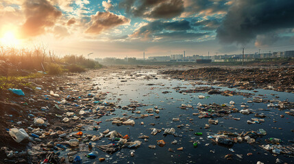 Front view of a water filled with garbage. Zero waste, sustainable, environment concept. Landscape image. For World Water Day, design, poster, banner, print, flyer - obrazy, fototapety, plakaty
