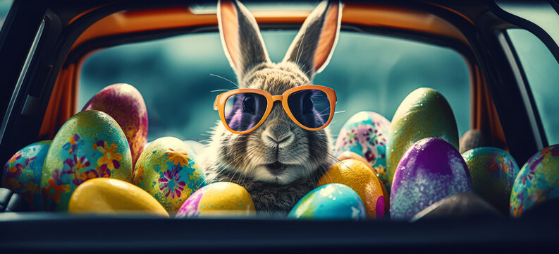 Portrait of a cool Easter bunny with sunglasses and colorful painted Easter eggs in a car