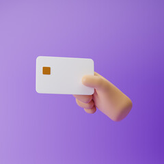 Cartoon emoji hand holding bank credit card isolated over purple background. 3d rendering.