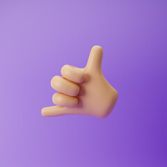 Cartoon emoji hand showing call me sign isolated over purple background. 3d rendering.