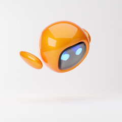 Cute robot flying with hands behind isolated over white background. Technology concept. 3d rendering. © cosmoman