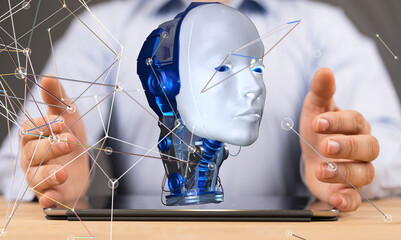 Neural network 3D illustration. Big data and cybersecurity - connection
