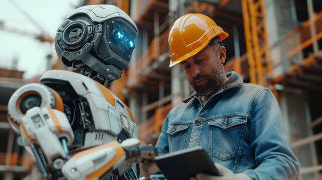 sci fi robot engineer and a man inspection construction work with a robot worker and construction site,generative ai