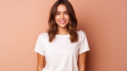 Obraz premium Young woman in a white t-shirt posing against a beige background.