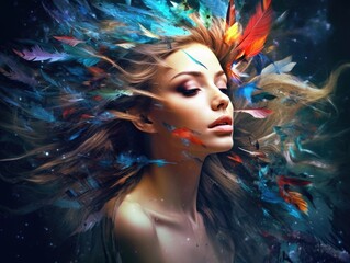 Woman with colorful feathers in her hair.