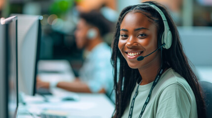 Cheerful young woman wearing a headset and working at a computer, in a customer service or call center environment. - obrazy, fototapety, plakaty