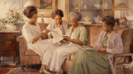 Painting of three women sitting on a couch reading a book.