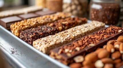 A tray of a bunch of different types of nuts and chocolate, AI - Powered by Adobe