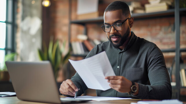 Focused Man Is Reviewing Documents