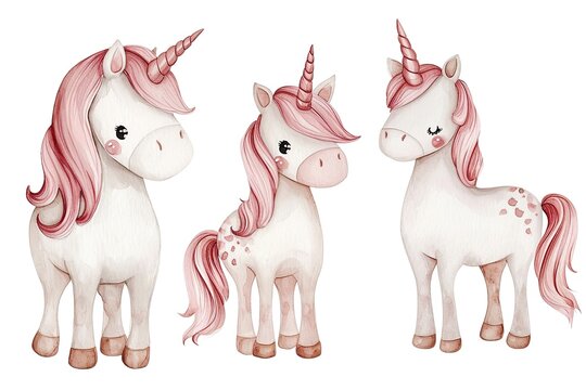 Set of cute unicorn in different poses, watercolor
