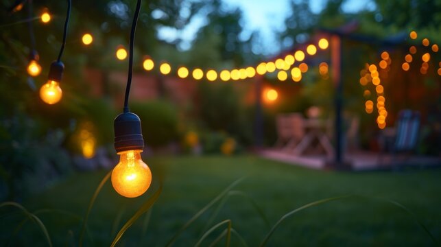 A Backyard With A String Of Lights Hanging From The Trees, AI