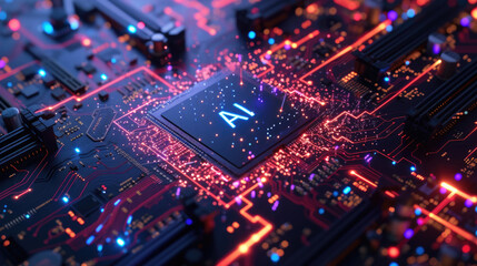 Glowing AI processor on dark circuit board, core of artificial intelligence machine with light of energy. Concept of computer technology, CPU, chip, data, future, background,