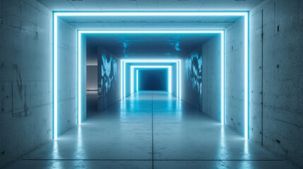 Underground neon room background, concrete tunnel with blue lighting. Perspective view of modern...