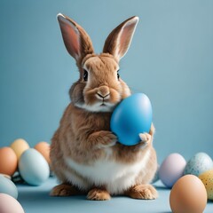 Obraz premium Easter bunny rabbit with blue painted egg on blue background. Easter holiday concept.