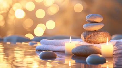 Spa background with balance rocks, candles, towels. Relaxation, massage, beauty, meditation, feng shui concept banner with place for text