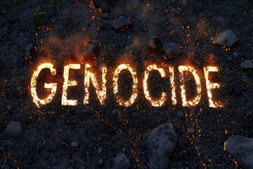 Word of GENOCIDE glowing burn on ground top view