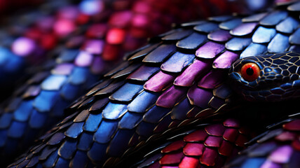 close up of a python snake texture. Rainbow glowing snake skin. Malagasy or Madagascar Tree Boa. Creative background.