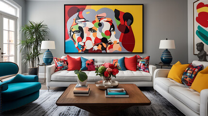 A vibrant and eclectic living room with bold patterns, colorful artwork