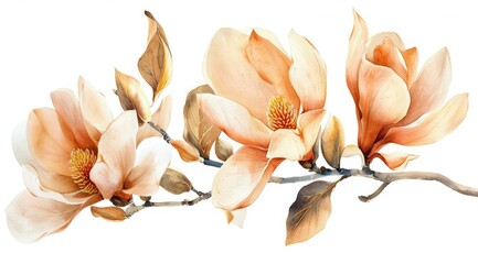 watercolor magnolia flowers isolated on white background, gold leaves, decorative borders