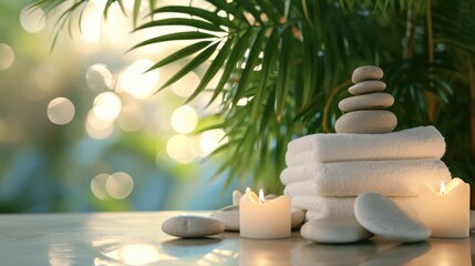 Obraz premium Spa background with balance rocks, candles, towels. Relaxation, massage, beauty, meditation, feng shui concept banner with place for text