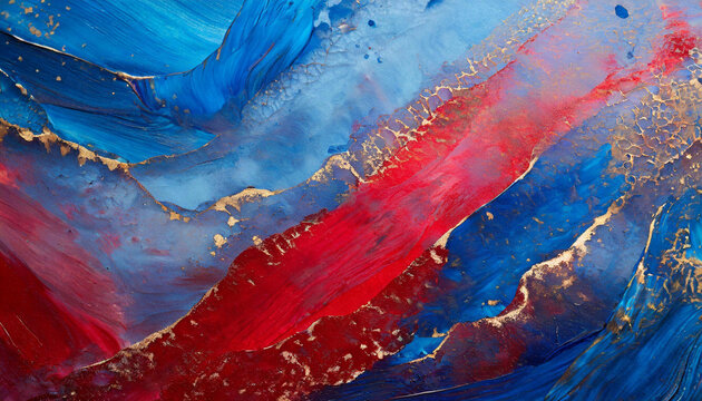 Abstract colorful acrylic painting on canvas, Close up blue and red colors with golden foil