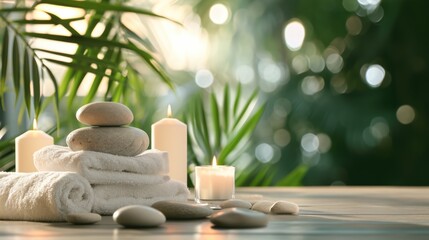 Spa background with balance rocks, candles, towels. Relaxation, massage, beauty, meditation, feng shui concept banner with place for text