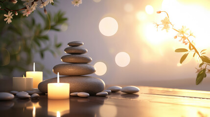 Obraz na płótnie Canvas Spa background with balance rocks, candles. Relaxation, massage, beauty, meditation, feng shui concept banner with place for text