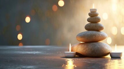 Obraz na płótnie Canvas Spa background with balance rocks, candles. Relaxation, massage, beauty, meditation, feng shui concept banner with place for text
