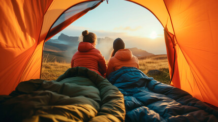 Couple enjoying sunrise from tent on mountain.