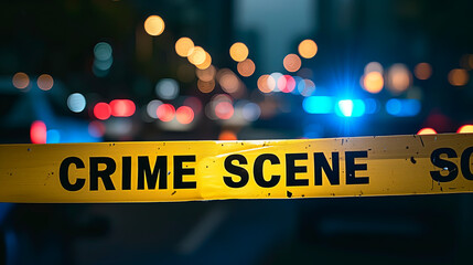 Crime scene tape with blurred police lights at night.
 - obrazy, fototapety, plakaty