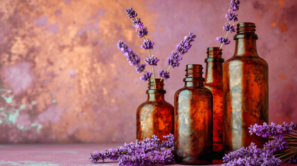 Aromatherapy Essentials with Purple Flowers, Herbal Oil Bottles on Wooden Background, Wellness and Spa