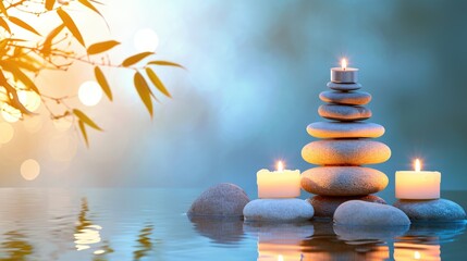 Spa background with balance rocks, candles. Relaxation, massage, beauty, meditation, feng shui concept banner with place for text