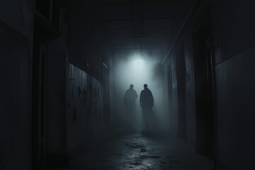 mysterious two person silhouetted shadow figures walking in a dimly lit corridor