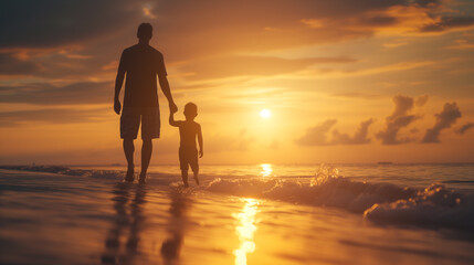 Seaside Stroll: Father and Child Walking Hand in Hand at Sunset