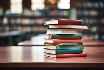Stack of books on a table in a library. Education concept.