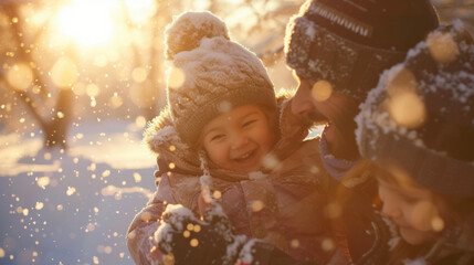 A family laughs and plays together in the shining snow the sun creating a magical backdrop for their winter fun. - Powered by Adobe