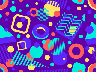 Memphis seamless pattern with 3d geometric shapes in 80s style. Colorful geometric pattern with isometric 3d shapes. Design of promotional products, wrapping paper and printing. Vector illustration