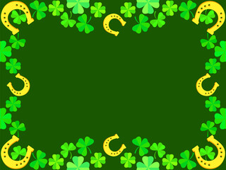St. Patrick's Day frame with clover leaves and horseshoes. Border with four leaf clovers and shamrocks, golden horseshoes. Design for invitations, leaflets and greeting cards. Vector illustration