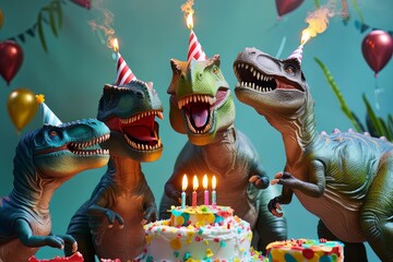 Obraz premium Group of dinosaur friends celebrating birthday with birthday cake