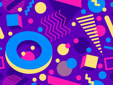 Memphis seamless pattern with 3d geometric shapes in 80s style. Colorful geometric pattern with isometric 3d shapes. Design of promotional products, wrapping paper and printing. Vector illustration