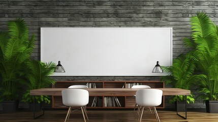 Stylish home office wall poster mockup with modern interior design background and workspace ambiance