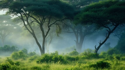 Fototapeta na wymiar Foggy morning in the African bush. Kenya, Africa.